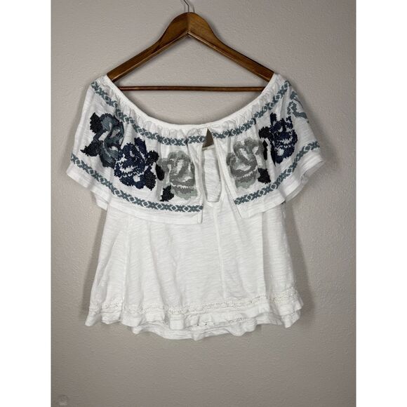 Free People Blue Embroidered Floral Top Womens Sz L Off Shoulder Boho Festival - Picture 5 of 10
